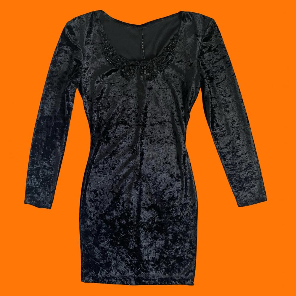 90's vintage black crushed velvet long sleeve bodycon mini dress XS SMALL
